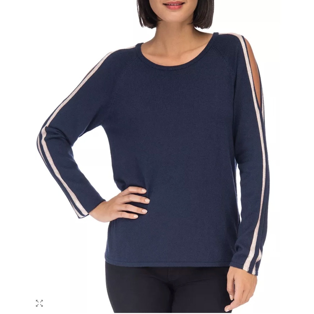 Bobeau Wool Blend Womens Large Navy Cori Slit Sleeve Pink Racing Stripe Sweater